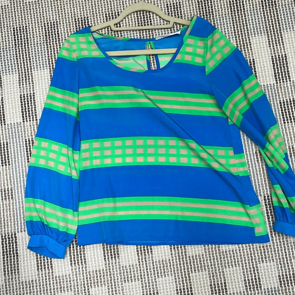 Blue, green and tan color blocking blouse